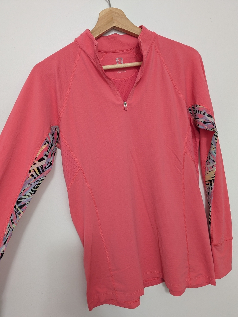 Women's Coral Pink Quarter-Zip Performance Top with Patterned Sleeve Panels